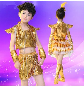 Gold yellow silver green royal blue sequined paillette boys kids child children kindergarten modern dance school play show jazz dance hip hop dance outfits costumes